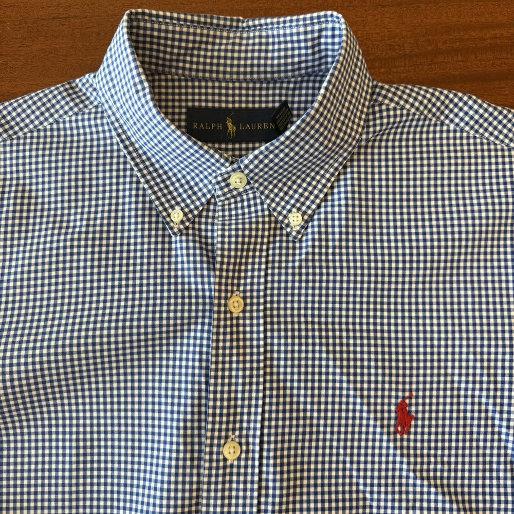 Ralph Lauren Men's Medium Blue White Gingham Shirt Red Pony Ole Miss Preppy
